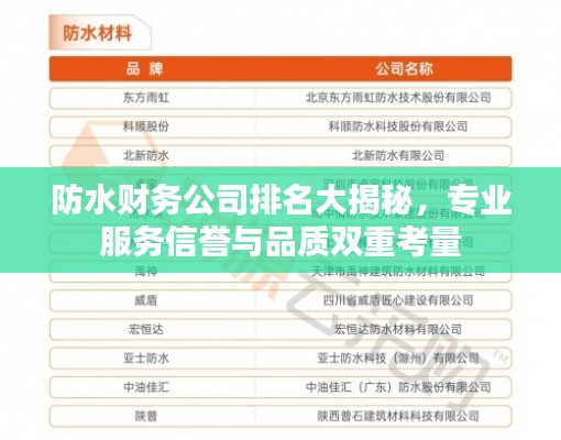防水财务公司排名大揭秘，专业服务信誉与品质双重考量