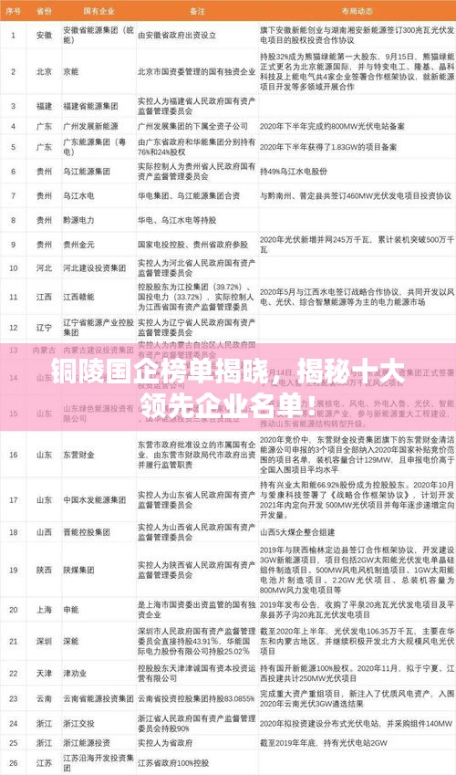 铜陵国企榜单揭晓，揭秘十大领先企业名单！